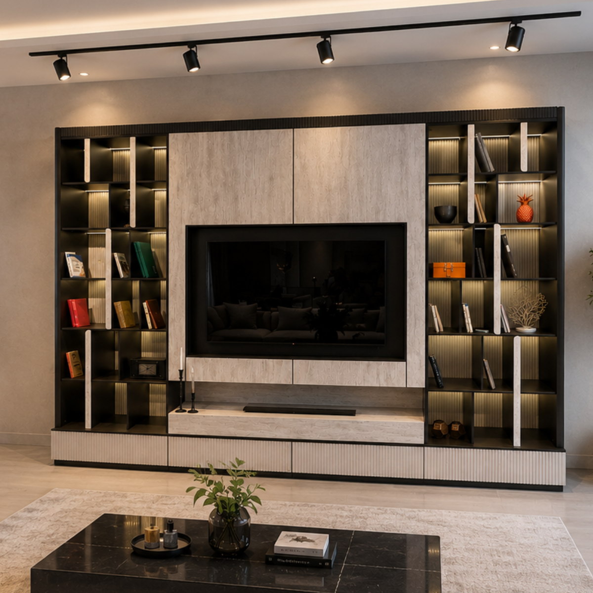 Luxury Bookcase with Fireplace and TV Panel, Napoli