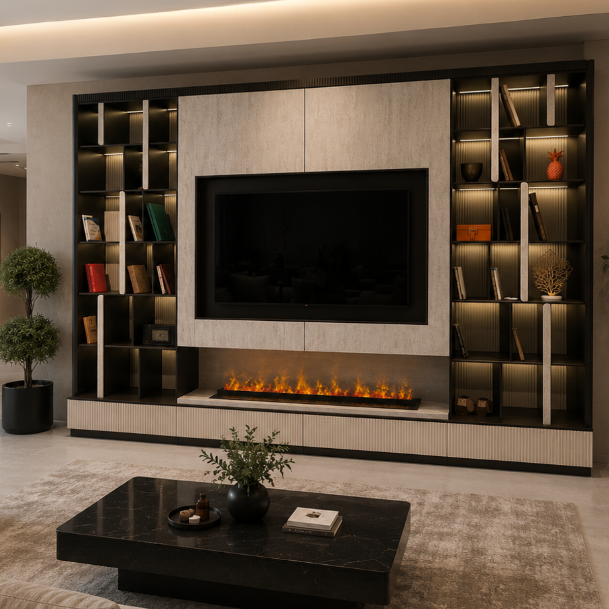 Luxury Bookcase with Fireplace and TV Panel, Napoli