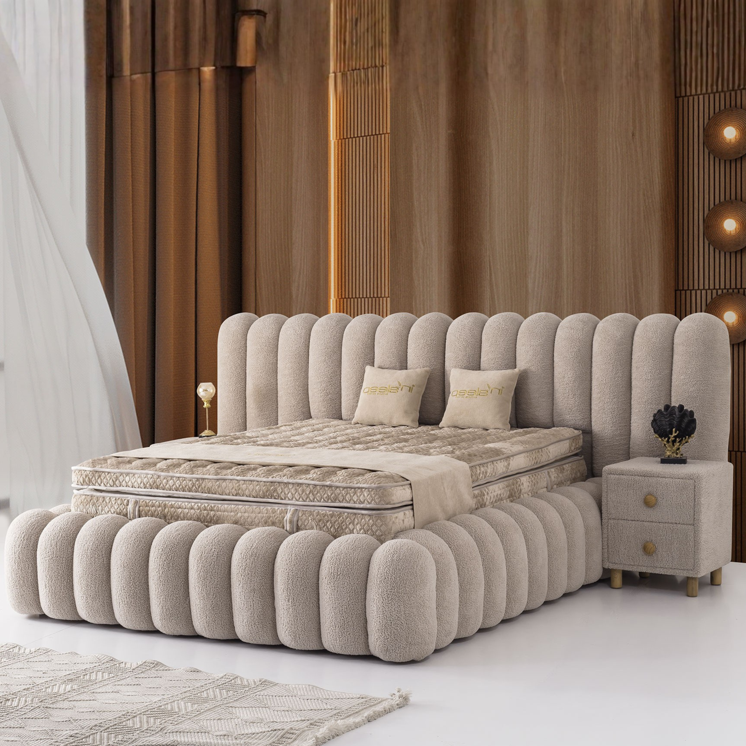 Upholstered Bouclé Bed Set with Two Bedside Tables and Mattress, Marsel 160x200