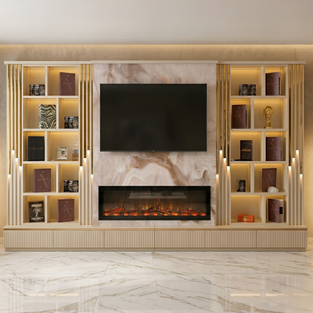 Luxury Bookcase with Fireplace and TV Panel, Arven