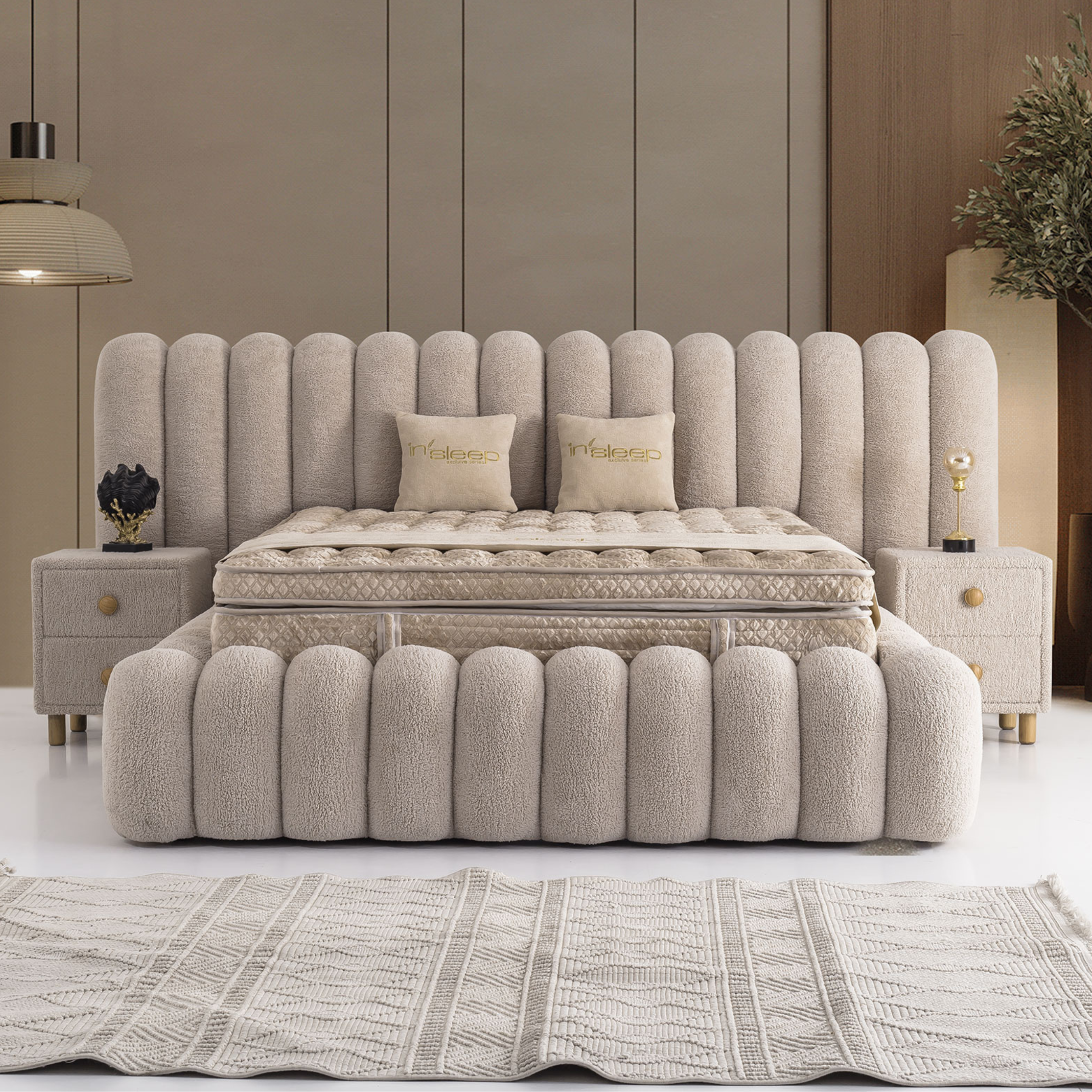 Upholstered Bouclé Bed Set with Two Bedside Tables and Mattress, Marsel 160x200