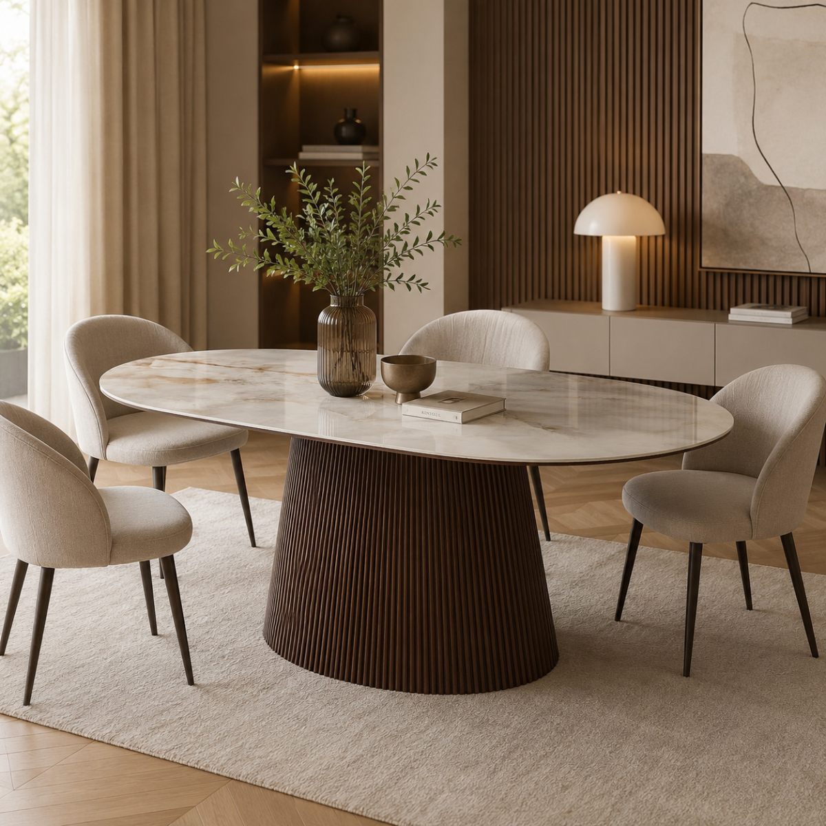 Dining Table Nero, ceramic top and fluted base