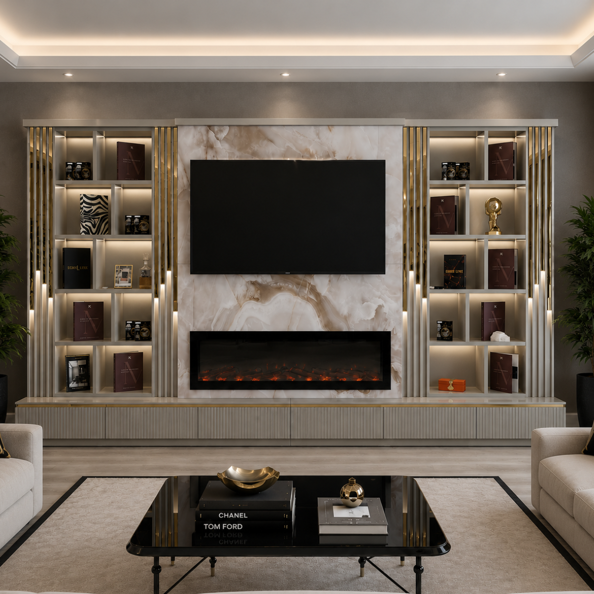 Luxury Bookcase with Fireplace and TV Panel, Arven