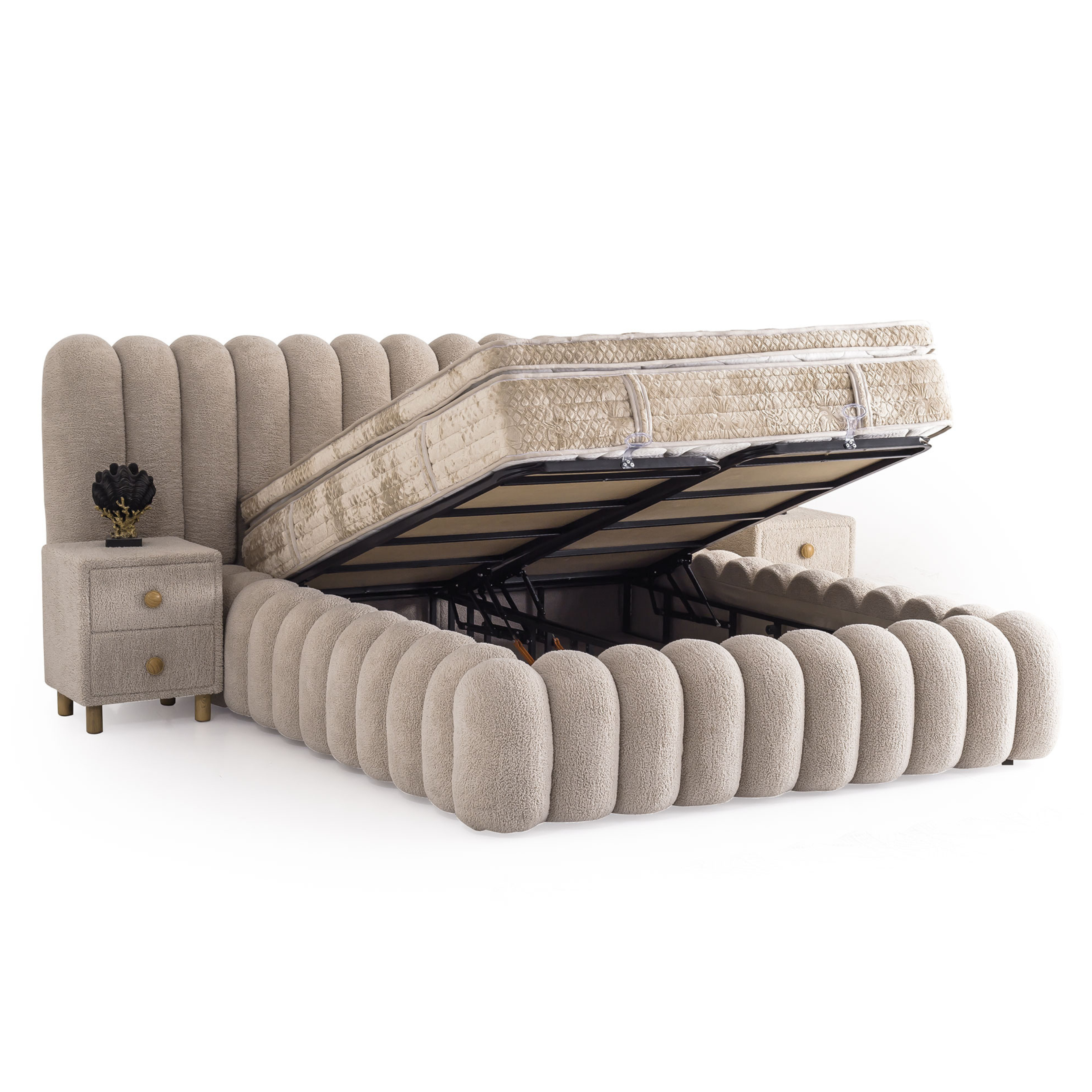 Upholstered Bouclé Bed Set with Two Bedside Tables and Mattress, Marsel 160x200