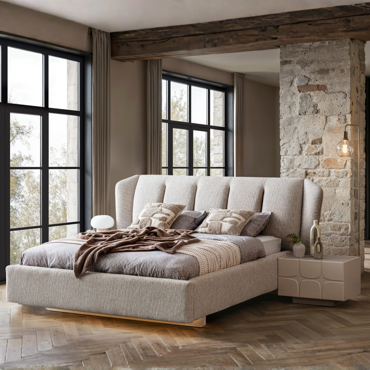 Upholstered Bouclé Bed Lorin, modern bed with elegant design and premium comfort