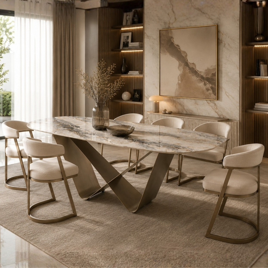 Dining Table Doa, sculptural design and ceramic top