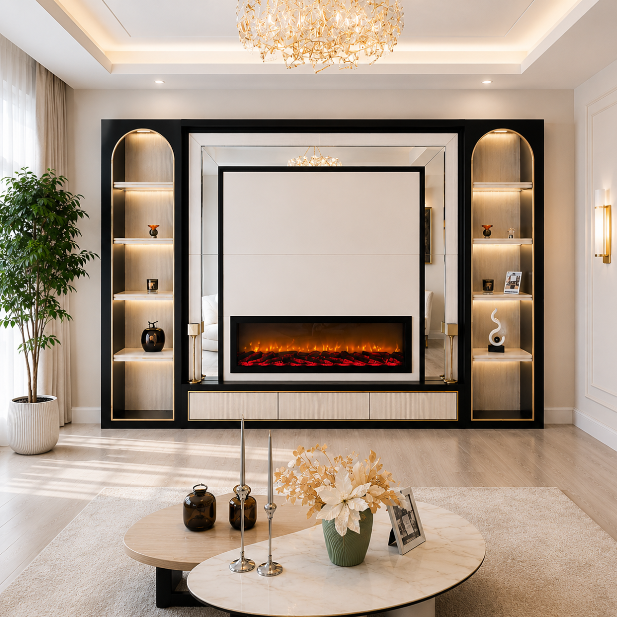 Luxury Bookcase with Fireplace and TV Panel, Milano