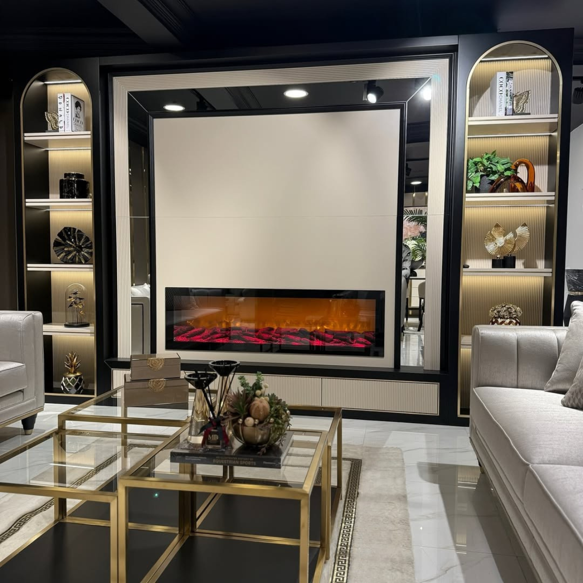 Luxury Bookcase with Fireplace and TV Panel, Milano