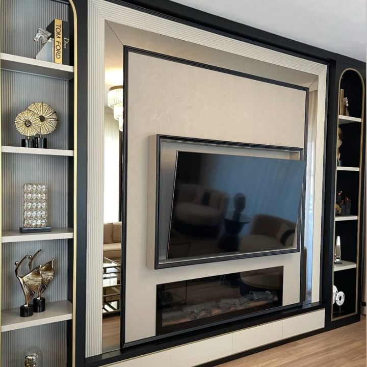 Luxury Bookcase with Fireplace and TV Panel, Milano
