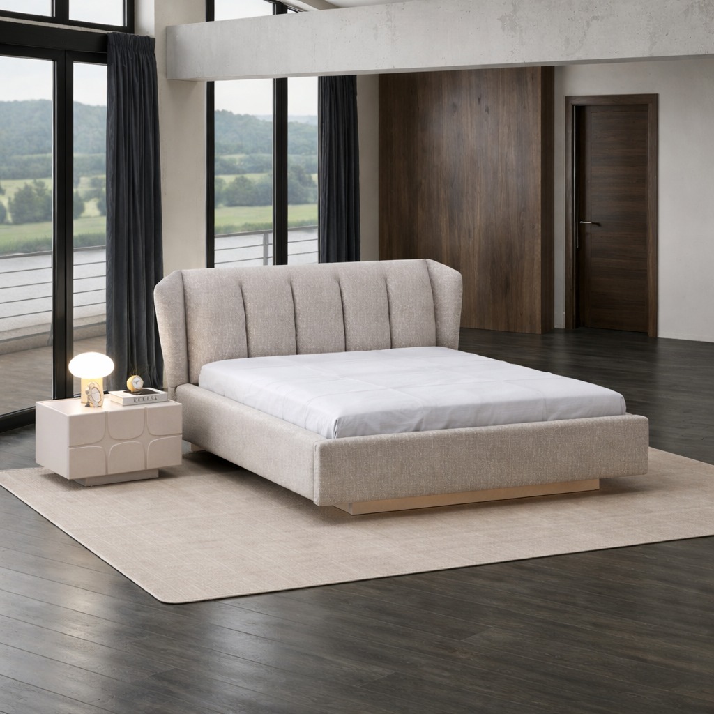 Upholstered Bouclé Bed Lorin, modern bed with elegant design and premium comfort