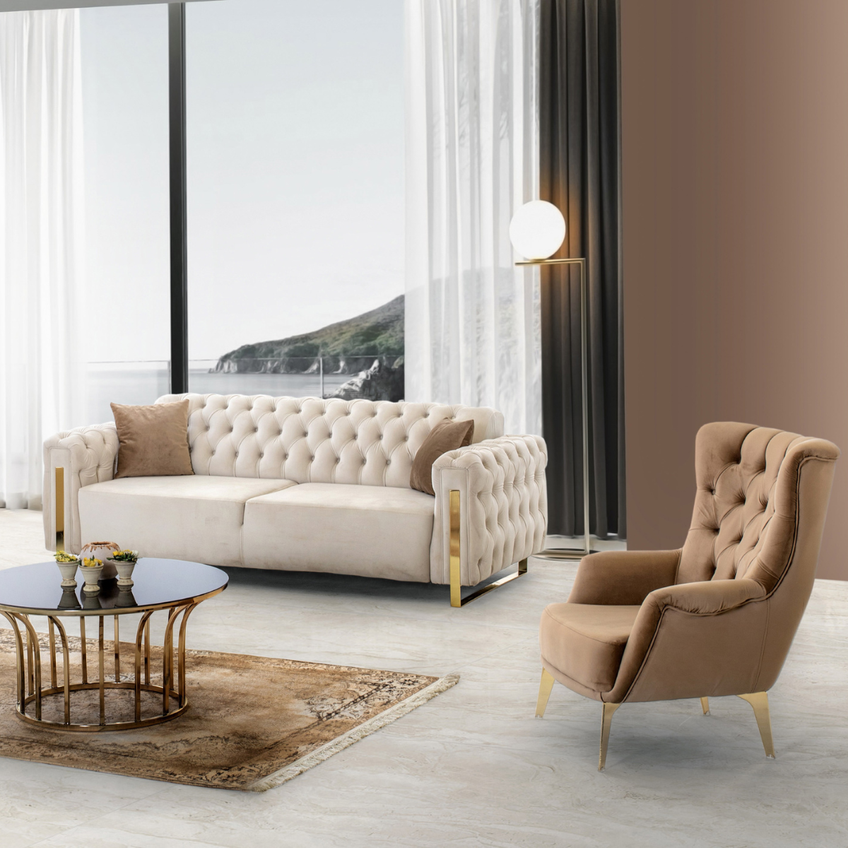 Chesterfield Sofa with Recliner, Asel