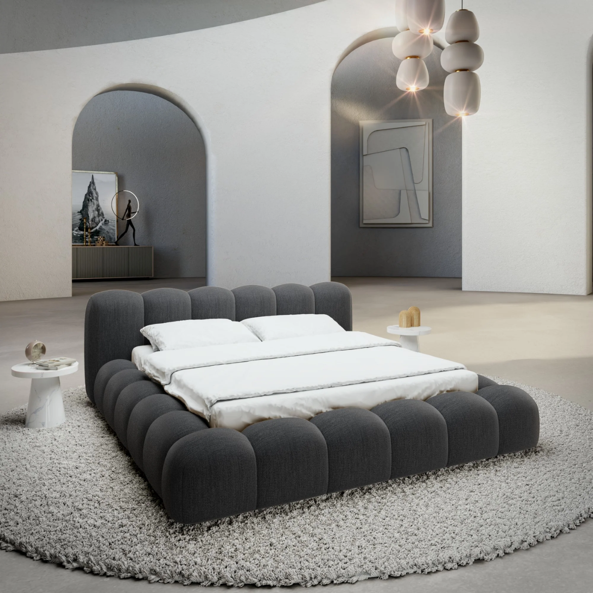 Modern Upholstered Bouclé Bed with Slatted Base